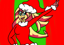 Size: 842x595 | Tagged: safe, artist:ajustice90, sunset shimmer, equestria girls, g4, abstract background, christmas, clothes, costume, female, holiday, looking at you, peace sign, santa costume, solo