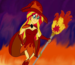 Size: 1024x890 | Tagged: safe, artist:ajustice90, sunset shimmer, equestria girls, g4, abstract background, cloak, clothes, dress, female, fiery shimmer, fire, hat, magic, solo, staff, witch, witch hat