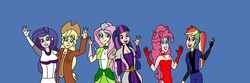 Size: 4688x1563 | Tagged: safe, artist:ajustice90, applejack, fluttershy, pinkie pie, rainbow dash, rarity, twilight sparkle, human, fanfic:code lyoko: eg, equestria girls, g4, clothes, code lyoko, crossover, fanfic art, human coloration, looking at you, simple background, waving