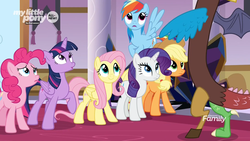 Size: 2560x1440 | Tagged: safe, screencap, applejack, discord, fluttershy, pinkie pie, rainbow dash, rarity, twilight sparkle, alicorn, draconequus, earth pony, pegasus, pony, unicorn, g4, the beginning of the end, all new, canterlot castle, crystal, discovery family logo, female, flying, male, mane six, mare, raised hoof, smiling, standing, text, twilight sparkle (alicorn)