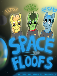 Size: 3024x4032 | Tagged: safe, artist:tacomytaco, oc, oc only, oc:captain conray, oc:eickland, oc:tycan, earth pony, pony, comic:space floofs, bipedal, clothes, comic, comic cover, headphones, male, planet, space, spaceship, uniform
