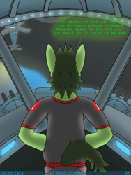 Size: 3024x4032 | Tagged: safe, artist:tacomytaco, oc, oc only, oc:captain conray, earth pony, anthro, comic:space floofs, clothes, comic, male, rear view, solo, spaceship, text, uniform