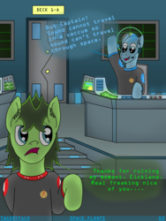 Size: 3024x4032 | Tagged: safe, artist:tacomytaco, oc, oc only, oc:captain conray, oc:eickland, earth pony, pony, comic:space floofs, bipedal, bridge, clothes, comic, headset, male, text, uniform