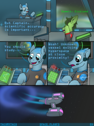 Size: 3024x4032 | Tagged: safe, artist:tacomytaco, oc, oc only, oc:captain conray, oc:eickland, earth pony, pony, comic:space floofs, bridge, clothes, comic, headset, hyperspace, space, spaceship, text, uniform