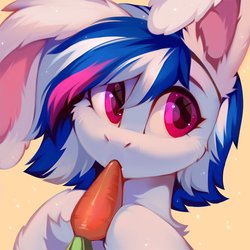 Size: 800x800 | Tagged: safe, artist:share dast, oc, oc only, oc:yun flow, pony, bunny ears, bust, carrot, cheek fluff, cute, ear fluff, eating, fluffy, food, herbivore, leg fluff, ocbetes, simple background, solo, yellow background