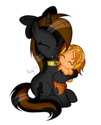 Size: 1140x1416 | Tagged: safe, artist:mintoria, oc, oc only, oc:catrina mewale, oc:sunrise gleam, pony, base used, fangs, female, filly, hug, mother and daughter, simple background, transparent background