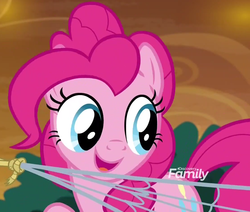 Size: 1113x943 | Tagged: safe, screencap, pinkie pie, earth pony, pony, g4, the beginning of the end, cropped, discovery family logo, female, mare, net, rope, solo