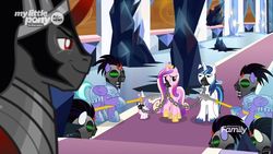 Size: 1600x900 | Tagged: safe, screencap, king sombra, princess cadance, princess flurry heart, shining armor, pony, g4, the beginning of the end, chains, helmet, mind control, sombra soldier