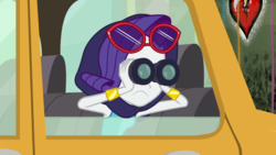 Size: 1280x720 | Tagged: safe, screencap, rarity, human, equestria girls, fomo, g4, my little pony equestria girls: better together, binoculars, bracelet, clothes, female, jewelry, shawl, spying, sunglasses, taxi