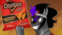 Size: 1920x1080 | Tagged: safe, edit, edited screencap, screencap, king sombra, pony, g4, the beginning of the end, chips, doritos, food, funny, male, solo