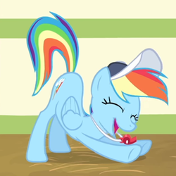 Size: 646x646 | Tagged: safe, screencap, rainbow dash, pegasus, pony, flight to the finish, cap, coach rainbow dash, cropped, cute, dashabetes, eyes closed, female, happy, hat, iwtcird, mare, raised tail, smiling, solo, stretching, tail, whistle