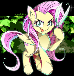 Size: 1200x1235 | Tagged: safe, artist:tyuubatu, fluttershy, pony, g4, the beginning of the end, abstract background, female, hedge clippers, solo