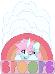 Size: 1800x2400 | Tagged: safe, artist:spoopygander, oc, oc only, oc:scoops, pony, unicorn, badge, cloud, con badge, cute, eyebrows, eyelashes, female, freckles, happy, looking at you, looking up, mare, markings, open mouth, rainbow, smiling, solo, text