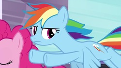 Size: 1920x1080 | Tagged: safe, screencap, pinkie pie, rainbow dash, pony, g4, the beginning of the end, flying, looking back