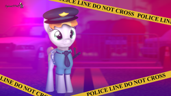 Size: 1920x1080 | Tagged: safe, artist:spinostud, copper top, pony, g4, 3d, baton, car, city, clothes, female, hat, looking at you, mare, police, police car, police line, police officer, police pony, police uniform, road, roadblock, solo, source filmmaker, standing, uniform