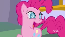 Size: 1920x1080 | Tagged: safe, screencap, pinkie pie, earth pony, pony, g4, the beginning of the end, dizzy, female, looking back, mare, open mouth, raised hoof, running, smiling, solo, swirly eyes, wat, wingding eyes