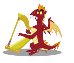 Size: 900x765 | Tagged: safe, artist:queencold, garble, dragon, g4, blushing, embarrassed, harp, holes in wings, male, musical instrument, simple background, solo, stool, teenaged dragon, transparent background