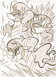 Size: 1628x2228 | Tagged: safe, artist:rossmaniteanzu, king sombra, pony, unicorn, g4, the beginning of the end, crystal, curved horn, dark magic, glowing horn, grayscale, horn, magic, male, monochrome, pencil drawing, smiling, solo, stallion, traditional art