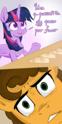 Size: 1000x2000 | Tagged: safe, artist:yinglung, cheese sandwich, twilight sparkle, alicorn, earth pony, pony, g4, comic, female, mare, meme, spanish, tom and jerry, twilight sparkle (alicorn), unsettled tom