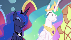 Size: 1920x1080 | Tagged: safe, screencap, princess celestia, princess luna, pony, g4, the beginning of the end, cute, cutelestia, eyes closed