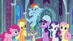 Size: 1920x1080 | Tagged: safe, screencap, applejack, fluttershy, pinkie pie, rainbow dash, rarity, spike, twilight sparkle, alicorn, pony, g4, the beginning of the end, mane six, twilight sparkle (alicorn)