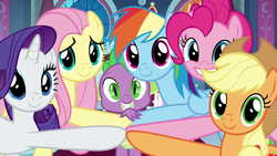 Size: 1920x1080 | Tagged: safe, screencap, applejack, fluttershy, pinkie pie, rainbow dash, rarity, spike, dragon, earth pony, pegasus, pony, unicorn, g4, season 9, the beginning of the end, female, implied twilight sparkle, looking at you, male, mare, offscreen character, pov, smiling, winged spike, wings