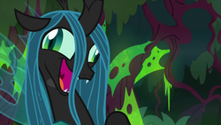 Size: 1920x1080 | Tagged: safe, screencap, queen chrysalis, changeling, changeling queen, g4, the beginning of the end, crazy eyes, crazy face, crazylis, derp, discovery family logo, faic, fangs, female, insanity, laughing, majestic as fuck, open mouth, solo, swamp, uvula