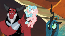 Size: 1920x1080 | Tagged: safe, screencap, cozy glow, lord tirek, queen chrysalis, centaur, changeling, changeling queen, pegasus, pony, g4, the beginning of the end, :t, belly, bow, bracer, cozy glow is best facemaker, cozybuse, crown, derp, faic, female, filly, flick, foal, hair bow, jewelry, male, nose piercing, nose ring, piercing, regalia, septum piercing, tail bow, trio