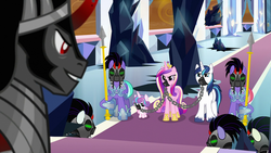 Size: 1920x1080 | Tagged: safe, screencap, king sombra, princess cadance, princess flurry heart, shining armor, crystal pony, pony, g4, the beginning of the end, helmet, mask, mind control, sombra soldier