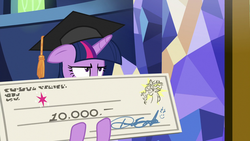 Size: 1920x1080 | Tagged: safe, screencap, discord, twilight sparkle, alicorn, pony, g4, the beginning of the end, check, giant check, graduation cap, hat, signature, twilight sparkle (alicorn), written equestrian