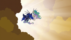 Size: 1920x1080 | Tagged: safe, screencap, princess celestia, princess luna, pony, g4, the beginning of the end, cloud, crepuscular rays, flying, light