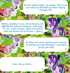 Size: 940x980 | Tagged: safe, gameloft, starlight glimmer, sweetie belle, trixie, pony, g4, the cutie re-mark, dialogue, embarrassed, guilty