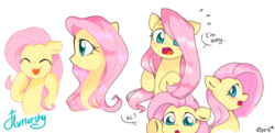 Size: 1200x580 | Tagged: safe, artist:ch-chau, fluttershy, pegasus, pony, g4, :p, blushing, cute, dialogue, ears back, expressions, eye clipping through hair, female, floppy ears, happy, hi, mare, one ear down, open mouth, profile, shyabetes, silly, simple background, smiling, solo, text, tongue out, white background