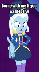 Size: 583x1080 | Tagged: safe, edit, edited screencap, screencap, trixie, equestria girls, equestria girls specials, g4, my little pony equestria girls: better together, my little pony equestria girls: spring breakdown, clothes, come with me if you want to live, cropped, dress, epaulettes, female, hat, movie reference, skirt, socks, solo, terminator, text edit, thigh highs, top hat, zettai ryouiki