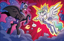 Size: 1504x955 | Tagged: safe, artist:tonyfleecs, idw, official comic, nightmare moon, princess celestia, alicorn, pony, g4, spoiler:comic, spoiler:comicfiendshipismagic4, angry, crown, duo, ethereal mane, female, fight, hoof shoes, jewelry, mare, peytral, regalia, royal sisters, sisters, speech bubble, spread wings, starry mane, wings