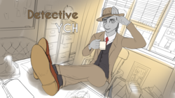 Size: 3000x1688 | Tagged: safe, artist:mintjuice, anthro, advertisement, blazer, cabinet, city, clothes, coffee mug, commission, detective, feet, feet on table, foot focus, hat, looking at you, male, morning, morning ponies, mug, necktie, office, phone, shoes, smiling, solo, stallion, table, window, your character here