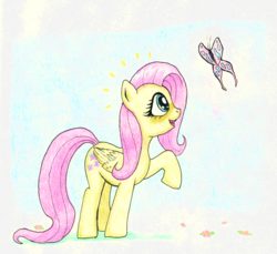 Size: 1116x1024 | Tagged: safe, artist:friendshipishorses, fluttershy, butterfly, pegasus, pony, g4, cute, female, folded wings, looking at something, looking up, mare, open mouth, profile, raised hoof, shyabetes, smiling, solo, standing, traditional art, wings