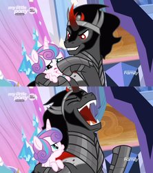 Size: 1067x1200 | Tagged: safe, edit, edited screencap, screencap, king sombra, princess flurry heart, alicorn, pony, unicorn, g4, the beginning of the end, boop, comic, flurry heart is not amused, male, moral event horizon, non-consensual booping, pure unfiltered evil, screencap comic, stallion, unamused, you monster