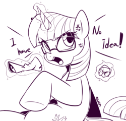 Size: 2500x2400 | Tagged: safe, artist:maren, twilight sparkle, pony, unicorn, g4, cross-popping veins, cute, dialogue, eye clipping through hair, female, glasses, glowing horn, high res, horn, magic, monochrome, open mouth, solo, telekinesis, twiabetes, unicorn twilight