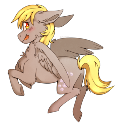 Size: 928x982 | Tagged: safe, artist:cinnamonsparx, derpy hooves, pegasus, pony, g4, blushing, butt, chest fluff, colored pupils, cute, derpabetes, ear fluff, female, floppy ears, leg fluff, neck fluff, plot, profile, simple background, solo, tongue out, transparent background, wing fluff