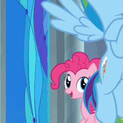 Size: 528x529 | Tagged: safe, screencap, applejack, pinkie pie, rainbow dash, earth pony, pegasus, pony, g4, the beginning of the end, animated, applejack's hat, blinking, canterlot castle, cowboy hat, cropped, cute, diapinkes, female, flying, happy, hat, jackabetes, mare, open mouth, pronking, smiling, walking