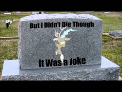 Size: 960x720 | Tagged: safe, discord, draconequus, g4, the beginning of the end, dead, grave, gravestone, joke, jontron, not dead