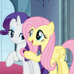 Size: 500x501 | Tagged: safe, screencap, fluttershy, rarity, twilight sparkle, alicorn, pegasus, pony, unicorn, g4, season 9, the beginning of the end, animated, blinking, canterlot castle, cropped, cute, daaaaaaaaaaaw, duo focus, eyes closed, eyeshadow, female, folded wings, friendship, gif, happy, hnnng, hug, makeup, mare, offscreen character, raised hoof, raribetes, shyabetes, smiling, talking, trio, trio female, twilight sparkle (alicorn), wings