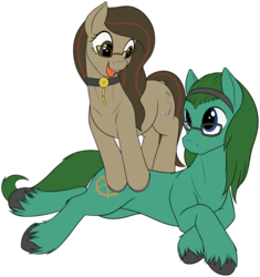 Size: 1280x1363 | Tagged: safe, artist:suspega, derpibooru exclusive, oc, oc only, oc:autumn bramble, oc:tempus fidgets, pony, blue eyes, brown eyes, brown mane, collar, female, glasses, green mane, hairband, happy, horseshoes, male, no mouth, on side, open mouth, siblings, simple background, smiling, transparent background, unshorn fetlocks