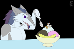 Size: 1851x1234 | Tagged: safe, artist:arcanebolt32, oc, oc only, oc:der, oc:verlo streams, griffon, sergal, banana, barely pony related, duo, food, furry, ice cream, male, micro, piercing, simple background, spoon, tongue piercing