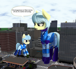 Size: 3300x3000 | Tagged: dead source, safe, artist:styroponyworks, oc, oc:ultramare, earth pony, human, pony, 3d, balloon, blender, building, car, city, clothes, dialogue, female, gas station, giant pony, high res, macro, mare, parade, people, speech bubble, wat