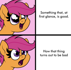 Size: 1404x1389 | Tagged: safe, artist:moonatik, scootaloo, pegasus, pony, g4, bust, dilated pupils, eyes on the prize, female, filly, frown, happy, looking up, meme, meme template, open mouth, shocked, simple background, solo, surprised, text, transparent background, wide eyes