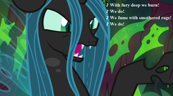 Size: 1008x560 | Tagged: safe, edit, edited screencap, editor:korora, screencap, queen chrysalis, changeling, changeling queen, g4, the beginning of the end, crazylis, cropped, female, gilbert and sullivan, lyrics, song reference, text, utopia limited