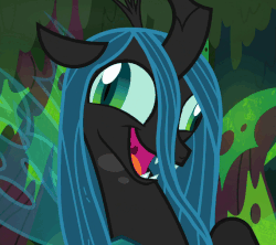 Size: 680x605 | Tagged: safe, edit, edited screencap, screencap, queen chrysalis, changeling, changeling queen, g4, the beginning of the end, animated, breakdown, crazy eyes, crazy face, crazylis, creepy, derp, faic, fangs, female, gif, insanity, laughing, majestic as fuck, mare, solo, spread wings, wide eyes, wings
