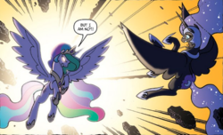 Size: 1674x1018 | Tagged: safe, artist:tonyfleecs, idw, official comic, nightmare moon, princess celestia, alicorn, pony, g4, spoiler:comic, spoiler:comicfiendshipismagic4, angry, awesome, crown, duo, ethereal mane, female, fight, glowing eyes, hoof shoes, jewelry, mare, peytral, regalia, sisters, speech bubble, spread wings, starry mane, wings